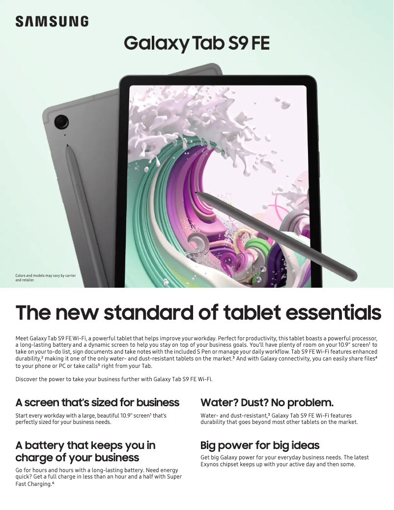Page 1 of the manual Technical Sheet Samsung Galaxy Tab S9 FE