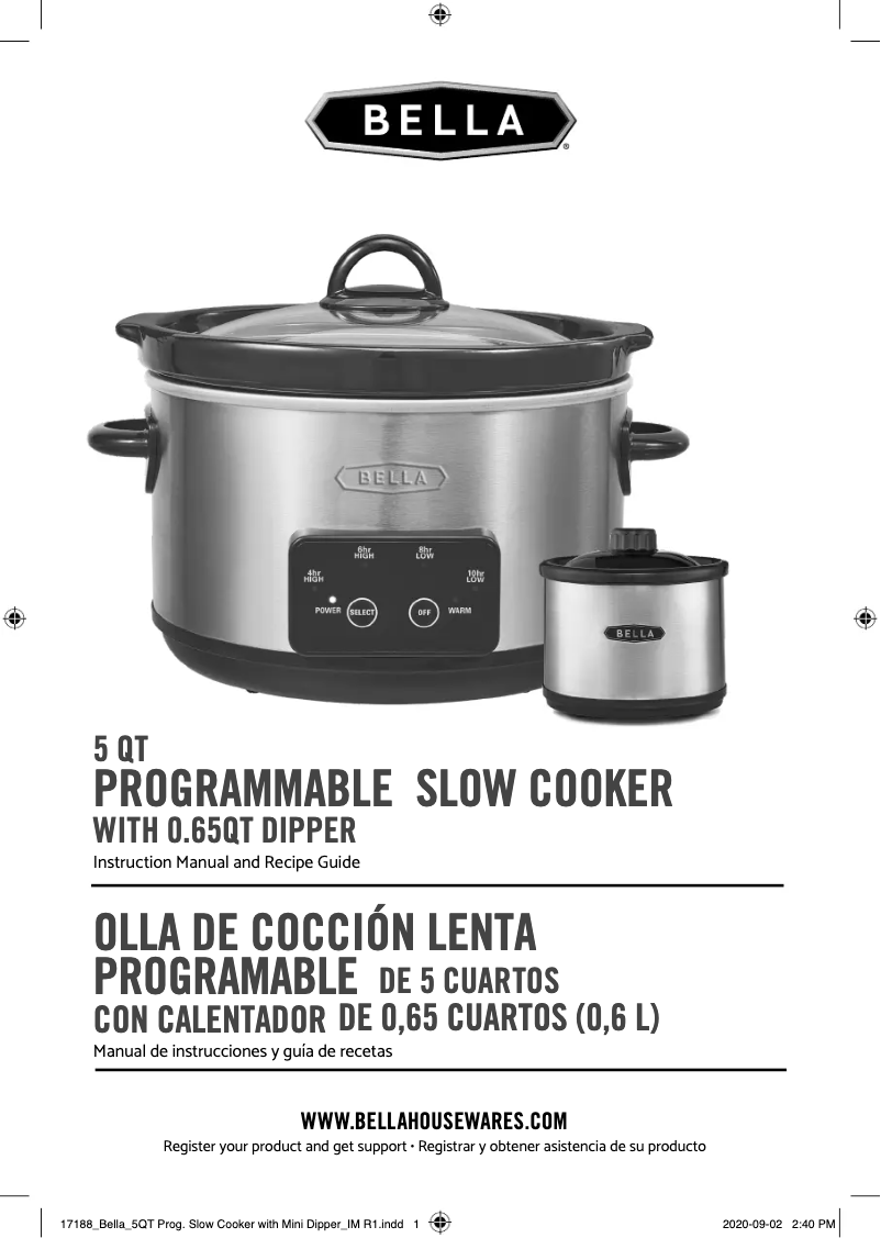 Page 1 of the manual User Manual Bella 5qt Programmable Slow Cooker with Dipper