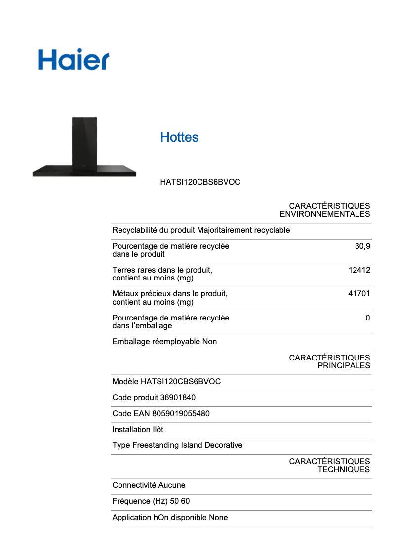 Page 1 de la notice Label énergétique Haier HATSI120CBS6BVOC