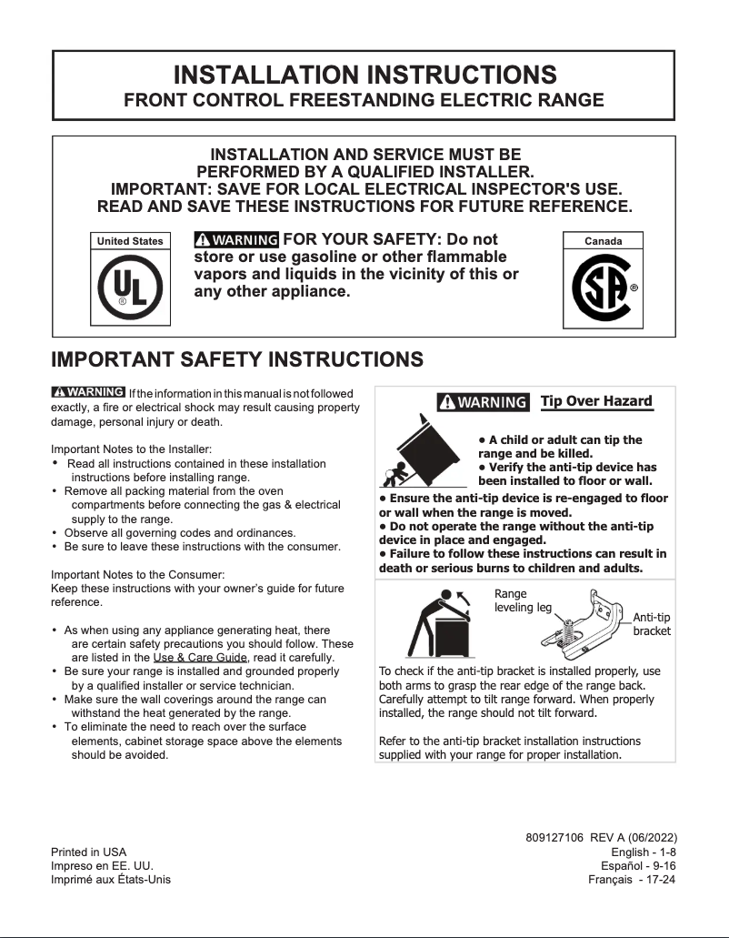 First page image of the manual for FCFE3062AS