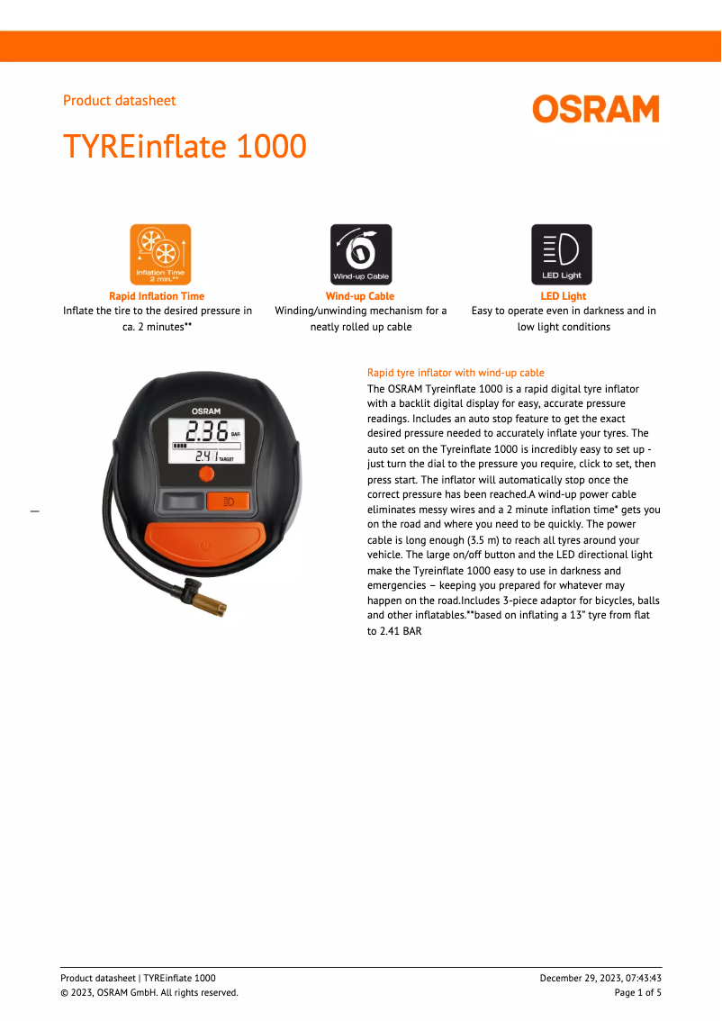 Page 1 of the manual Technical Sheet Osram TYREinflate 1000