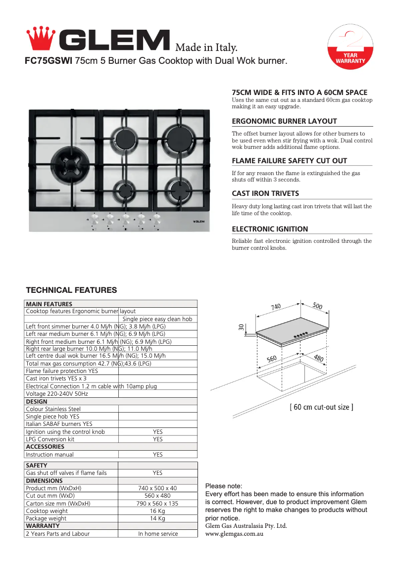 Page 1 of the manual Technical Sheet Glem Gas FC75GSWI