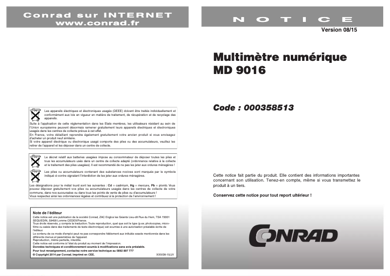 First page image of the manual for MD 9016