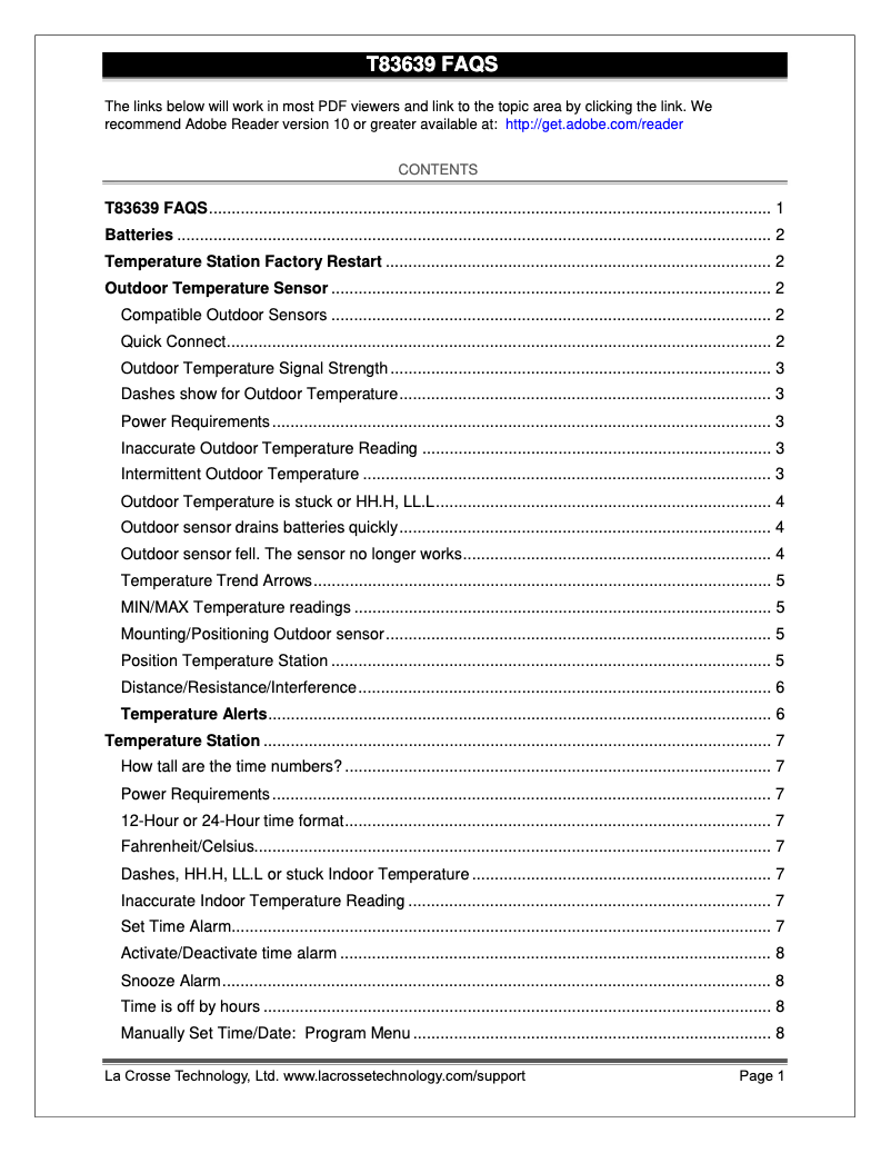 Page 1 of the manual FAQ La Crosse Technology T83639