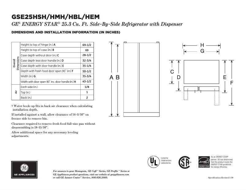 Page 1 of the manual Technical Sheet GE GSE25HEMDS