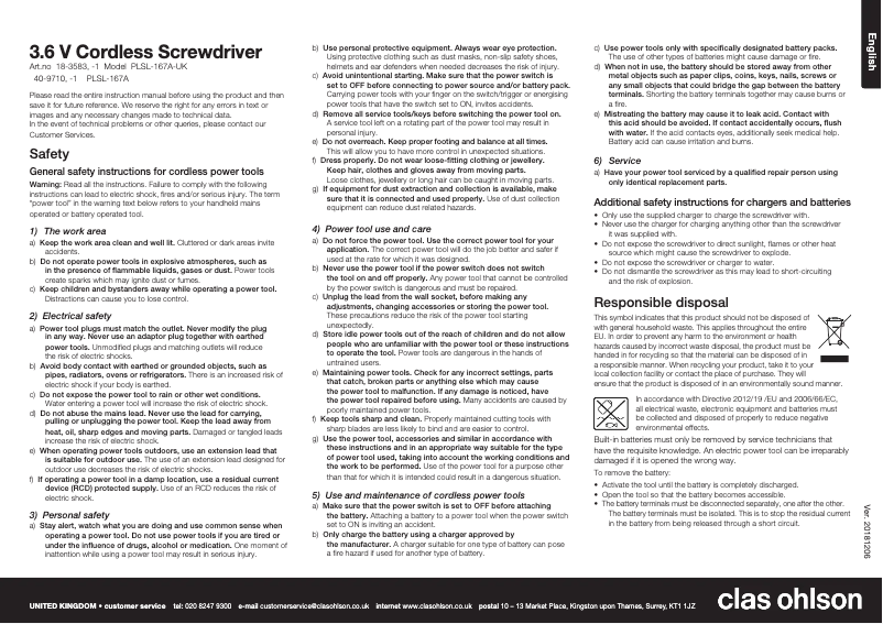 First page image of the manual for PLSL-167A