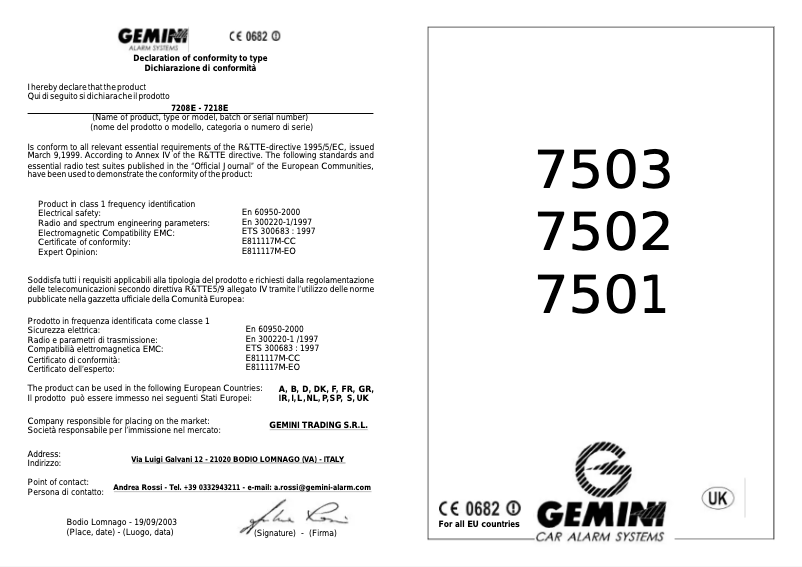 Page 1 de la notice Manuel utilisateur Gemini 7501