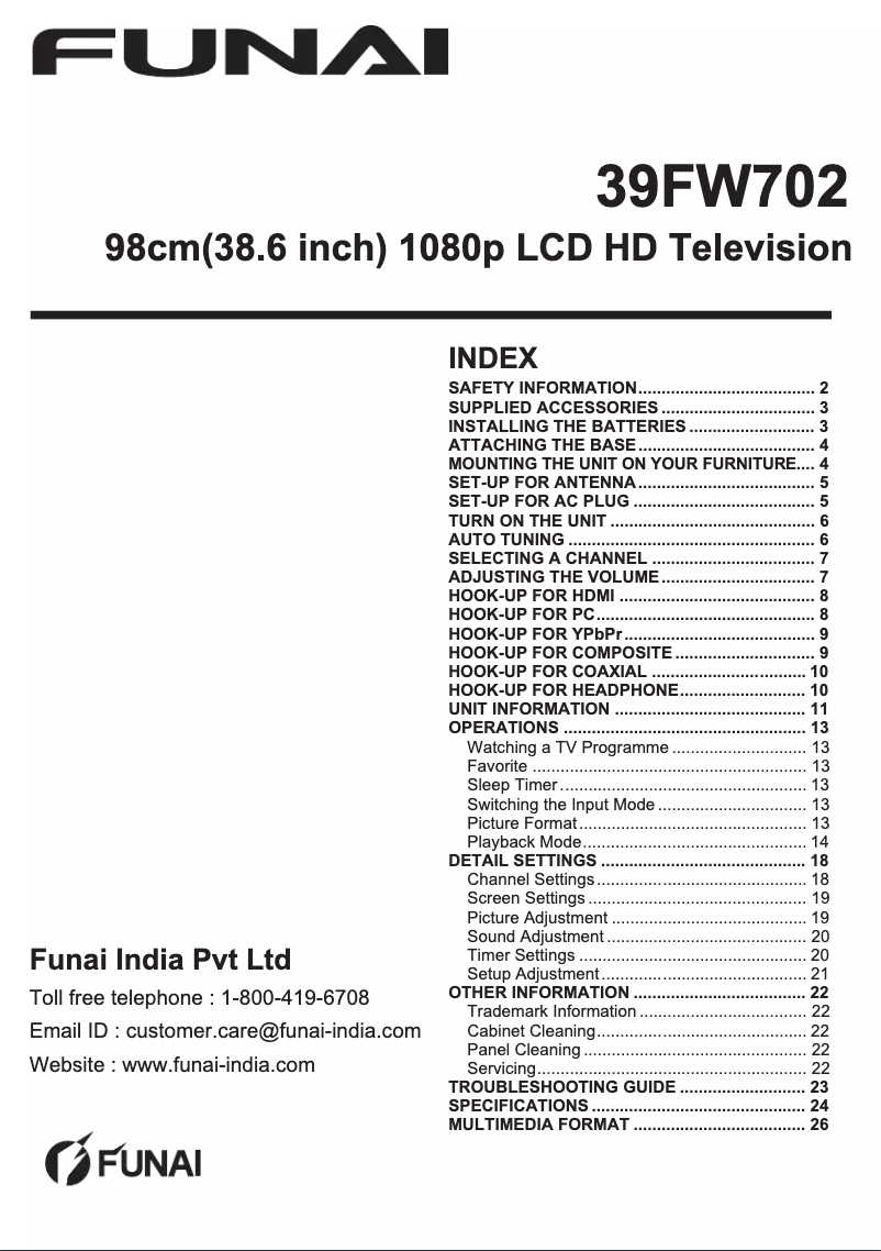 Page 1 of the manual User Manual Funai 39FW702