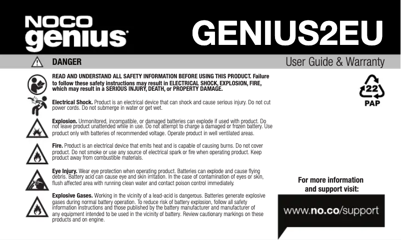 Page 1 de la notice Manuel utilisateur NOCO Genius 2