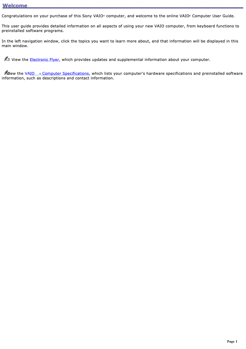 First page image of the manual for Vaio PCG-GRT170