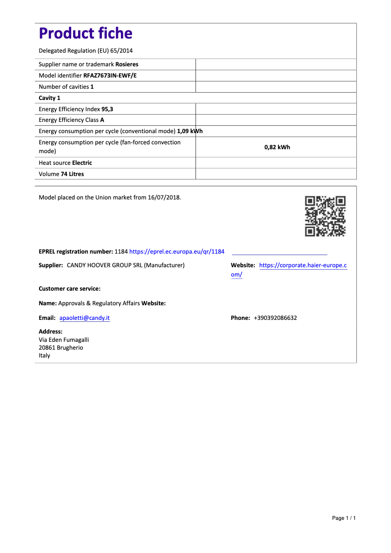Page 1 of the manual Technical Sheet Rosieres RFAZ 7673 IN-EWF/E