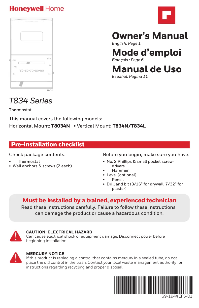 First page image of the manual for T834L1004/U