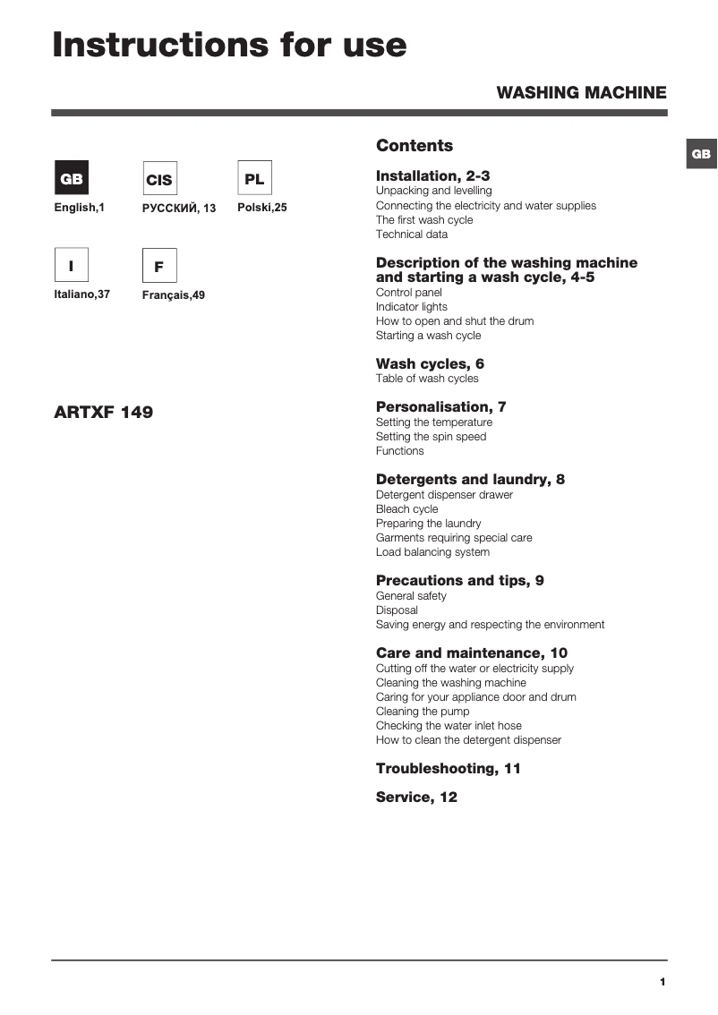 Page 1 of the manual User Manual Hotpoint ARTXF 149