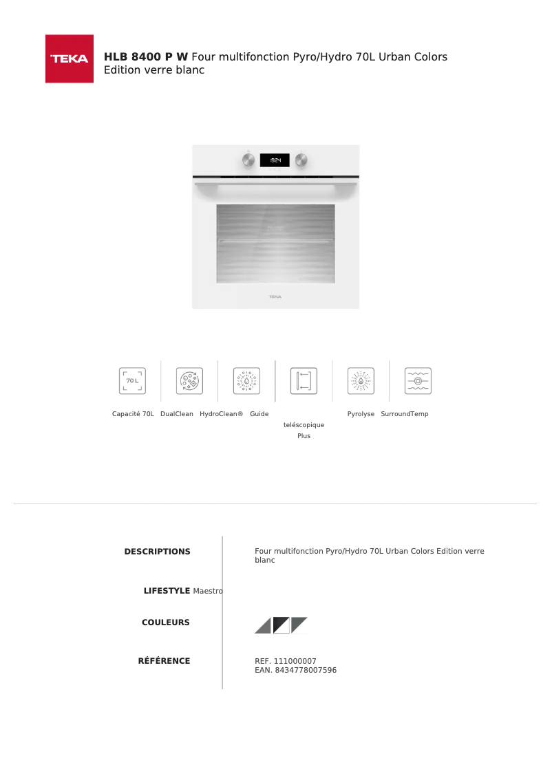 Page 1 of the manual Technical Sheet Teka HLB 8400 P W