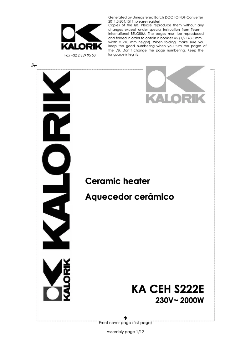 Page 1 of the manual User Manual Kalorik KA CEH S222E