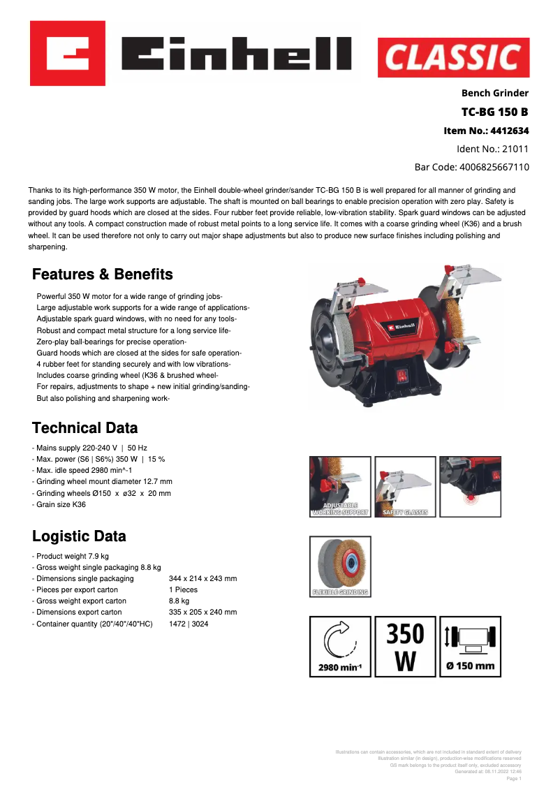 Page 1 of the manual Technical Sheet Einhell TC-BG 150 B