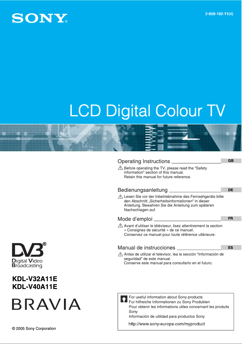 First page image of the manual for Bravia KDL-V40A11E