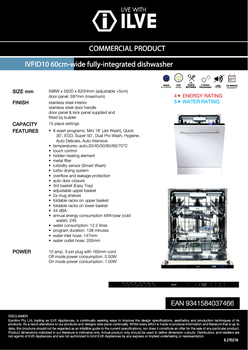 Page 1 of the manual Technical Sheet Ilve IVFID10