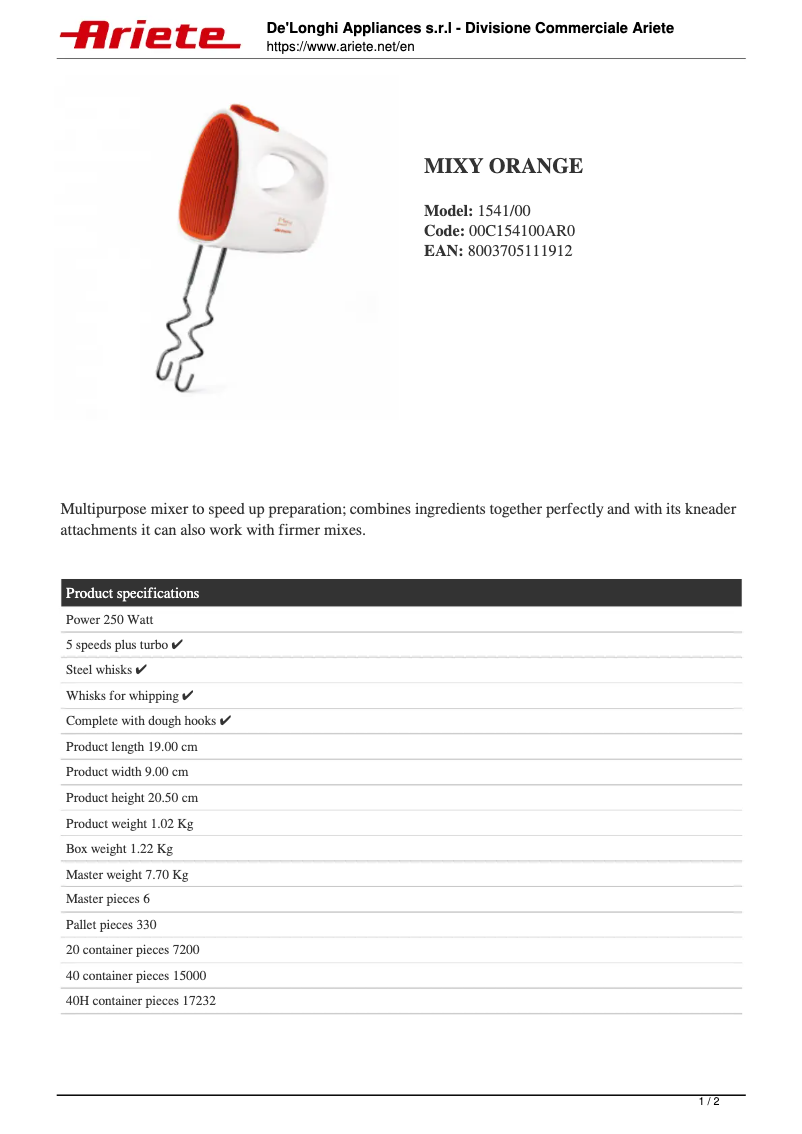 Page 1 of the manual Technical Sheet Ariete Mixy 1541