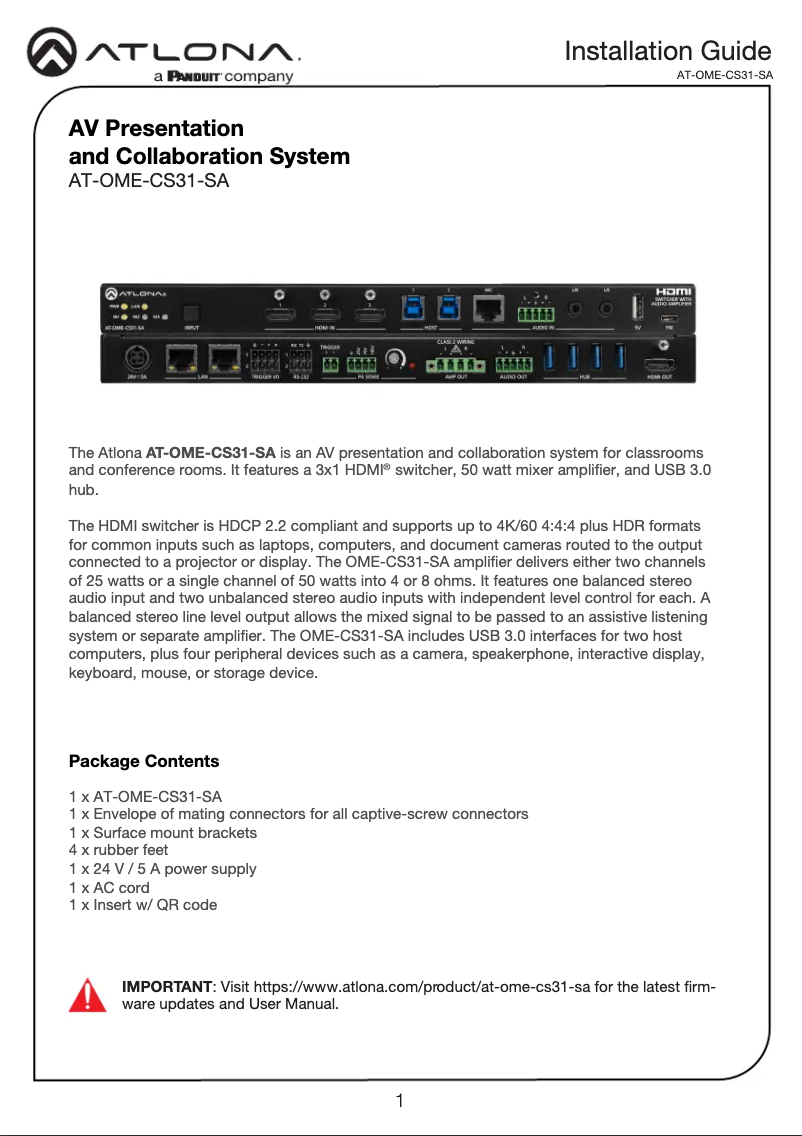 Page 1 of the manual Installation Guide Atlona AT-OME-CS31-SA