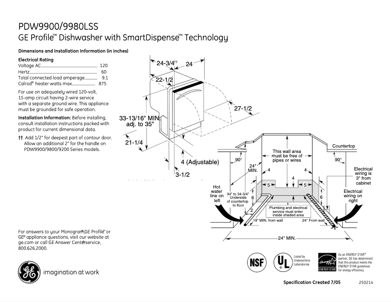 Page 1 of the manual Technical Sheet GE Profile PDW9900LWW