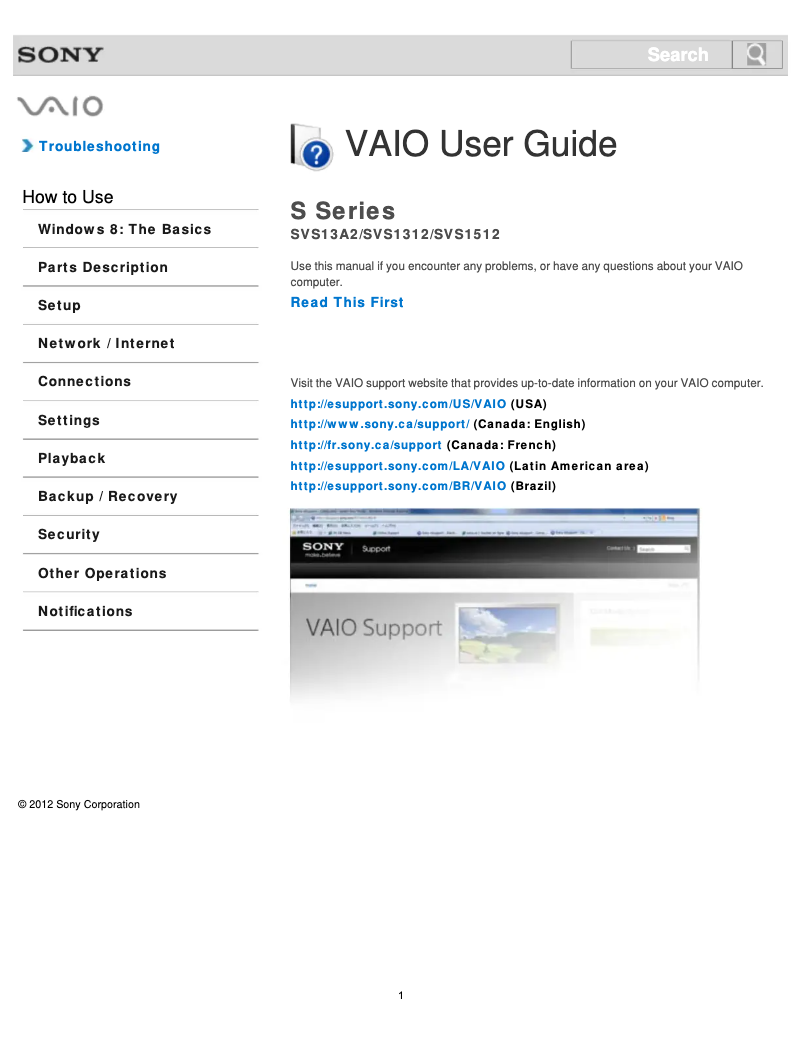 First page image of the manual for Vaio SVS13125CDR