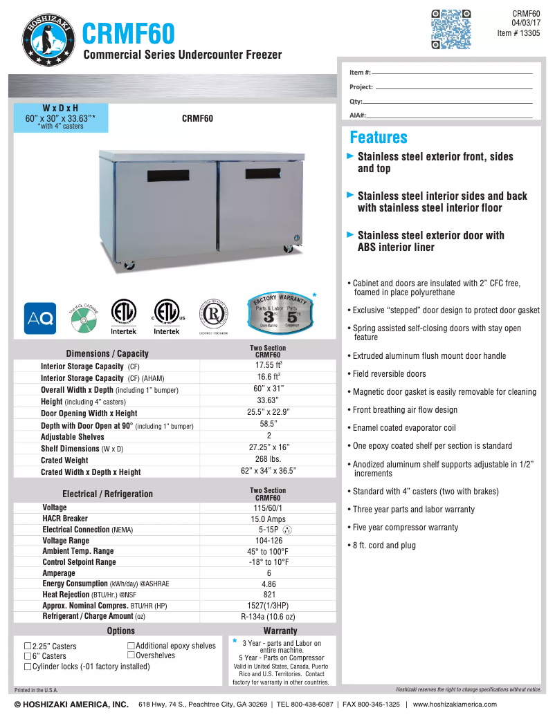 Page 1 of the manual Technical Sheet Hoshizaki Commercial CRMF60