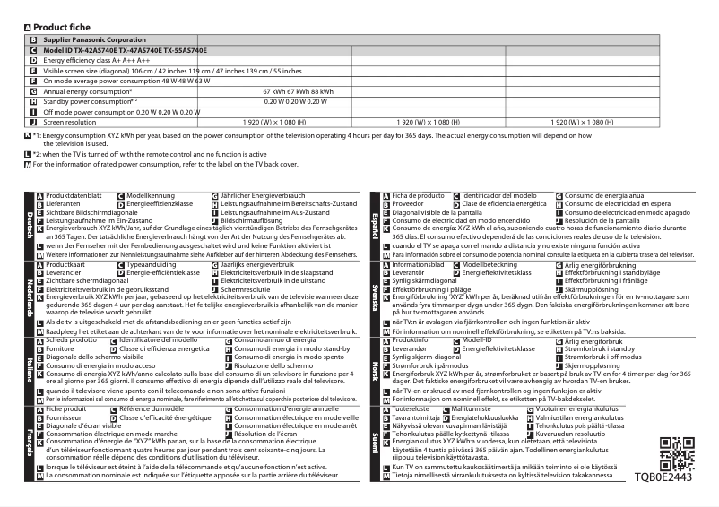Page 1 of the manual Technical Sheet Panasonic TX-42AS740E