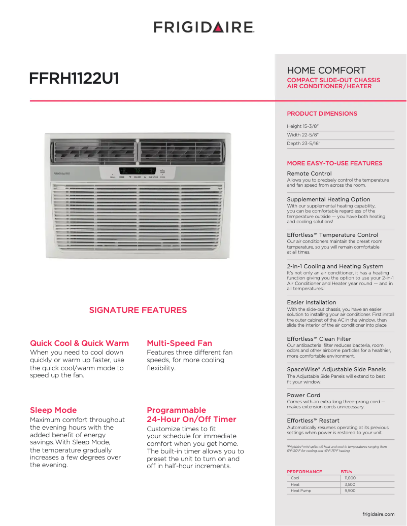 Page 1 of the manual Technical Sheet Frigidaire FFRH1122U1