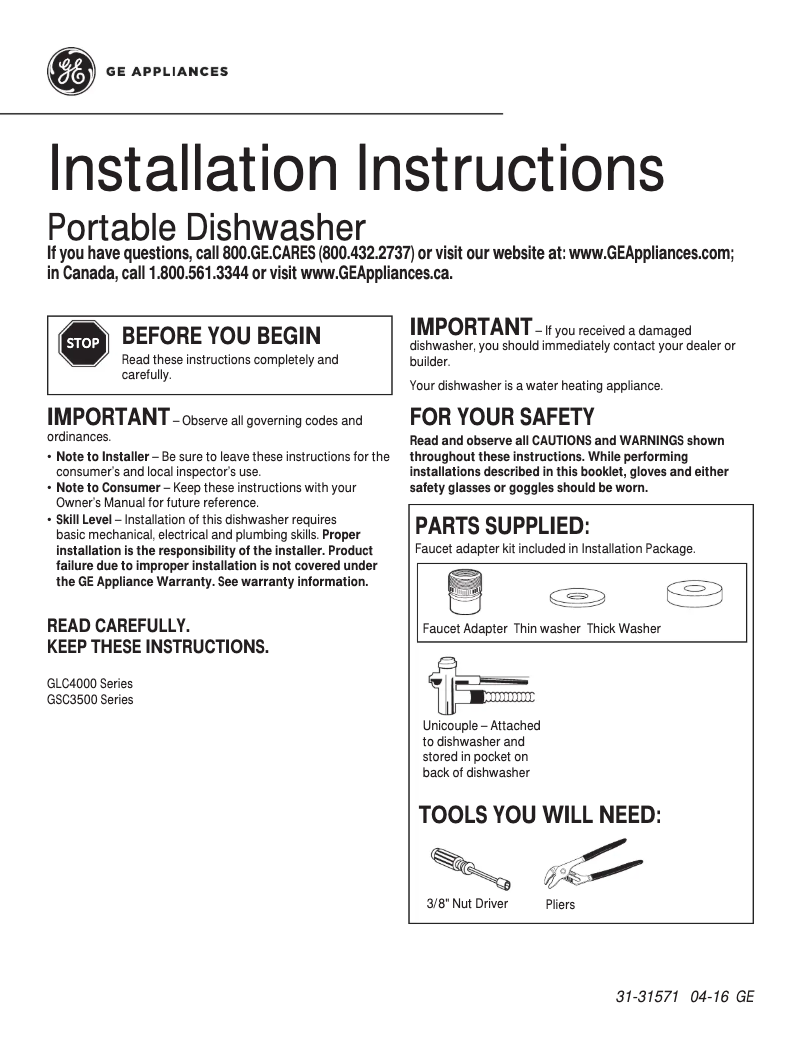 Page 1 of the manual Installation Guide GE GSC3500DBB