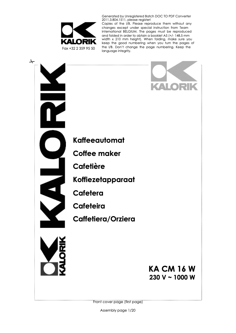 First page image of the manual for KA CM 16 W