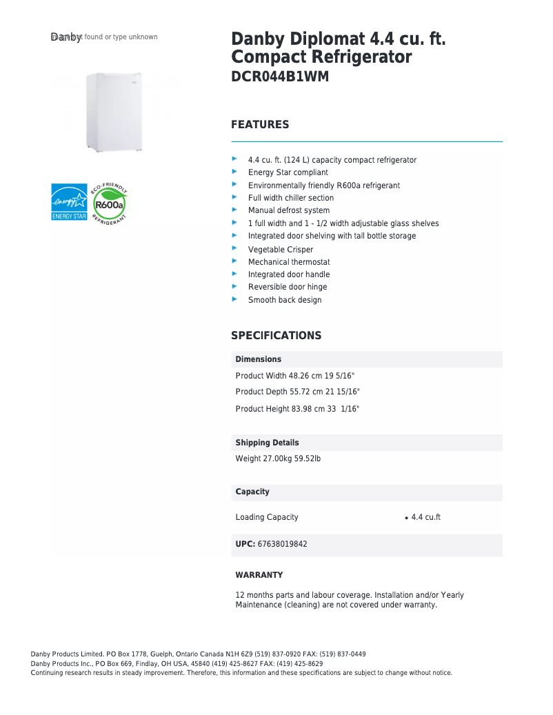 Page 1 of the manual Technical Sheet Danby DCR044B1WM