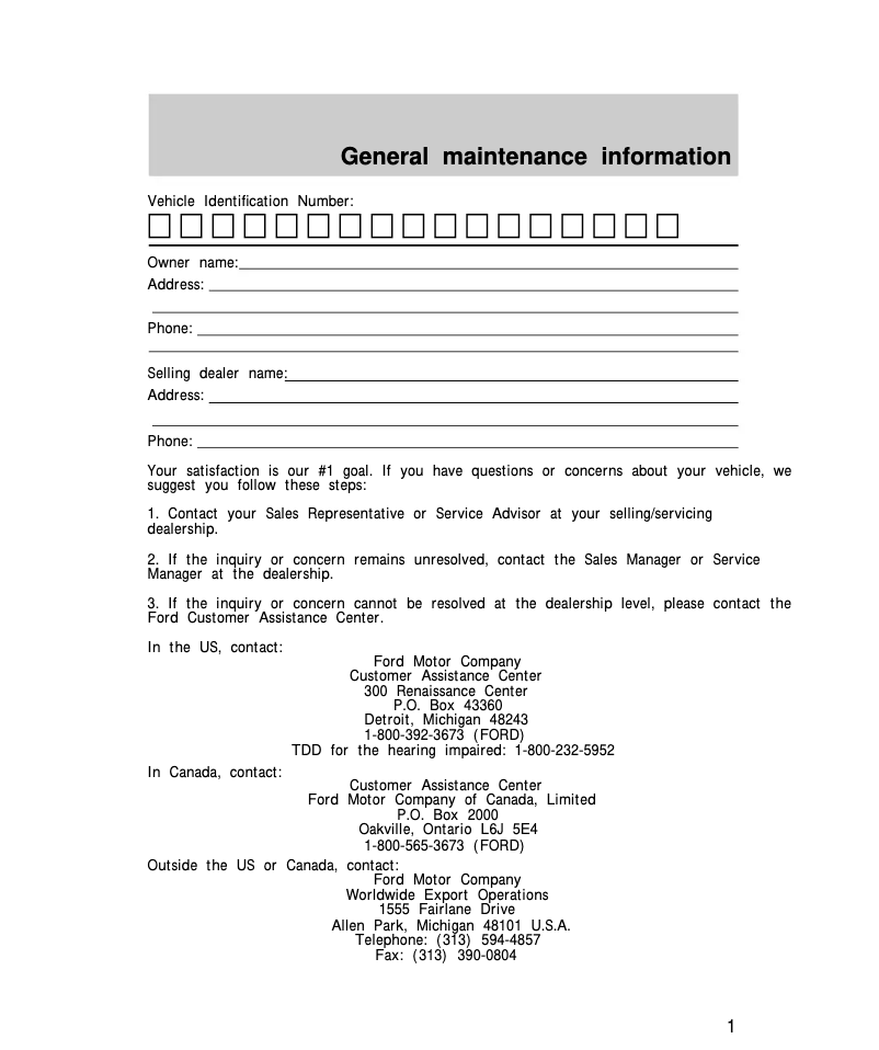 Page 1 of the manual Use and Maintenance Manual Ford Expedition (1997)