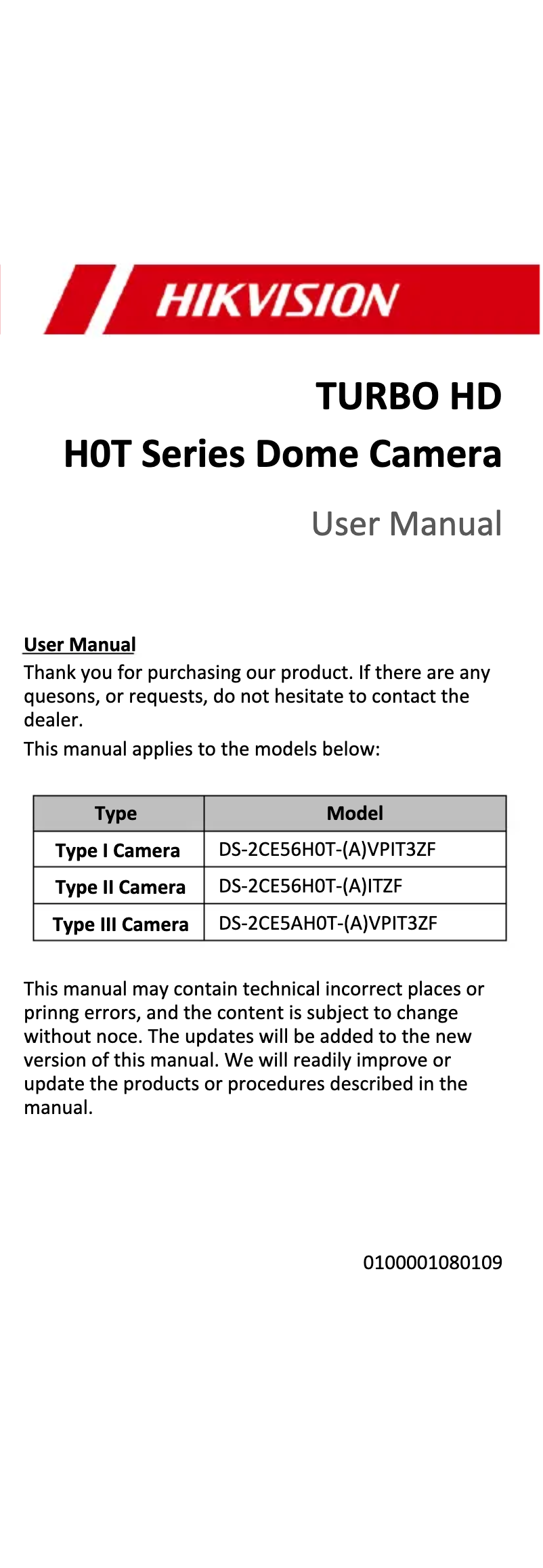 First page image of the manual for DS-2CE5AH0T-VPIT3ZF