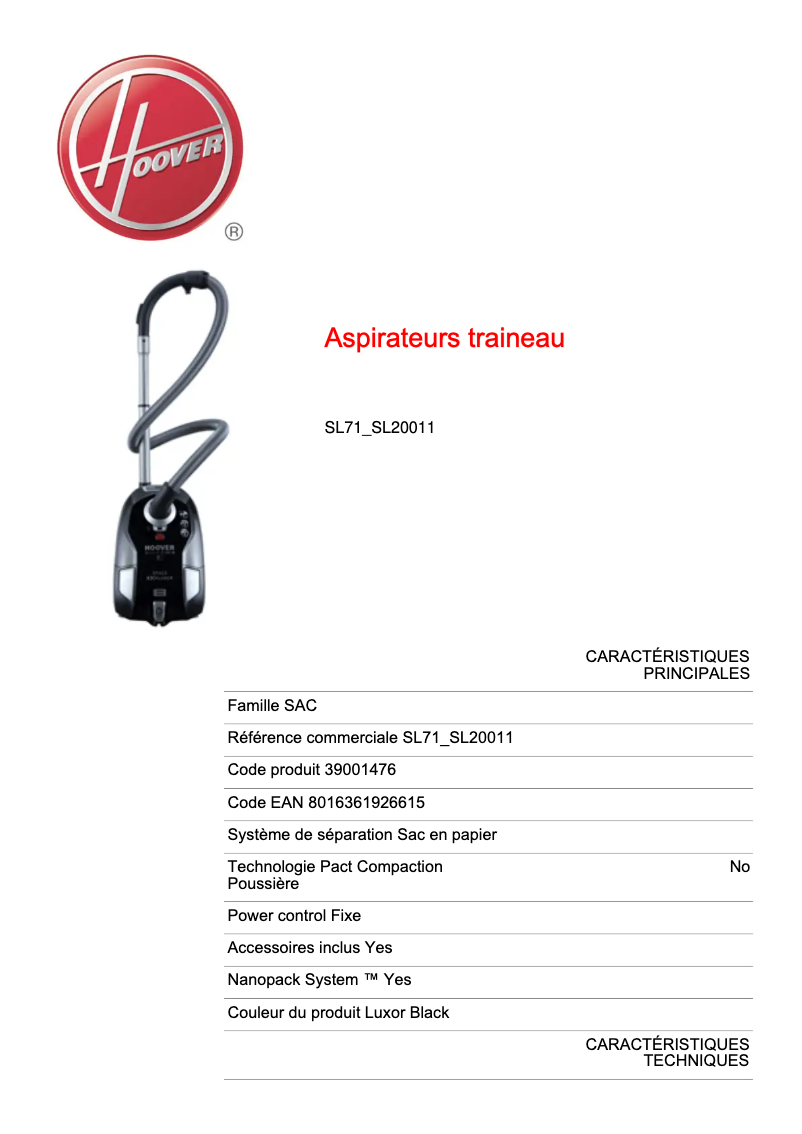 Page 1 of the manual Technical Sheet Hoover SL71_SL20011
