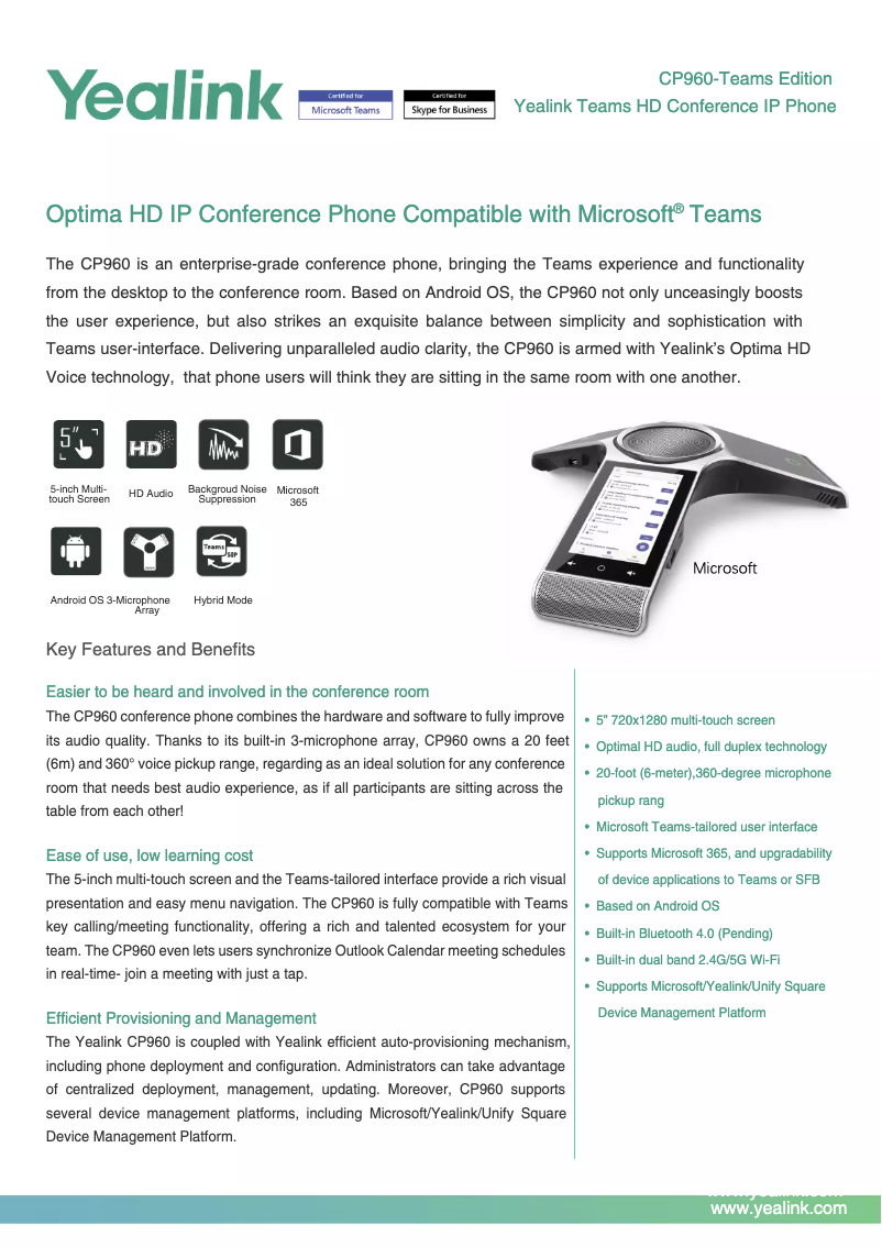 Page 1 of the manual Technical Sheet Yealink CP960