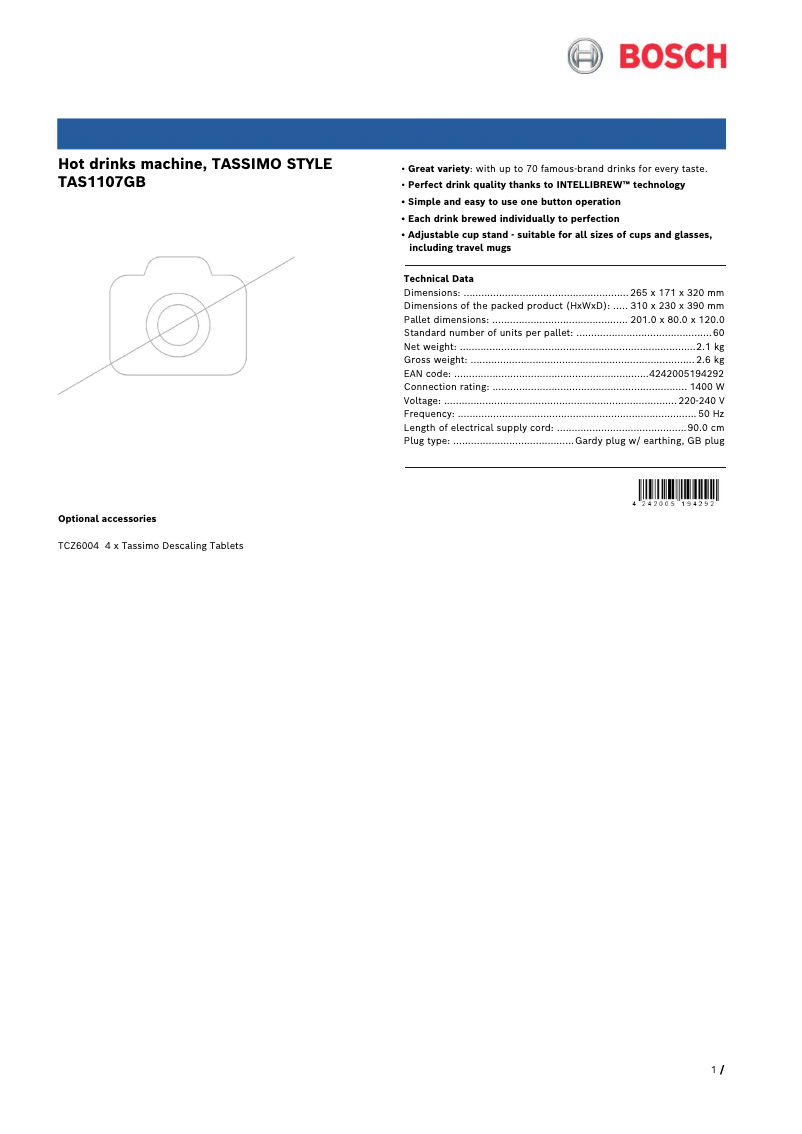 First page image of the manual for Tassimo Style TAS1107