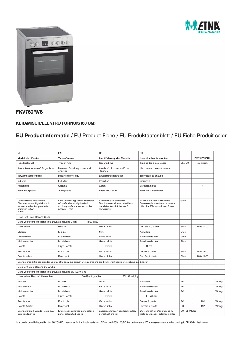 Page 1 of the manual Technical Sheet Etna FKV760RVS