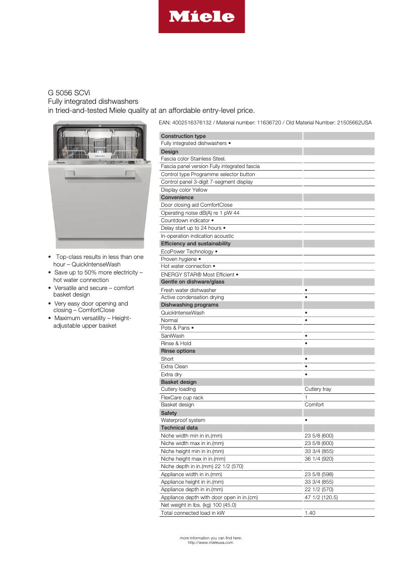 Page 1 of the manual Technical Sheet Miele G 5056 SCVi Active