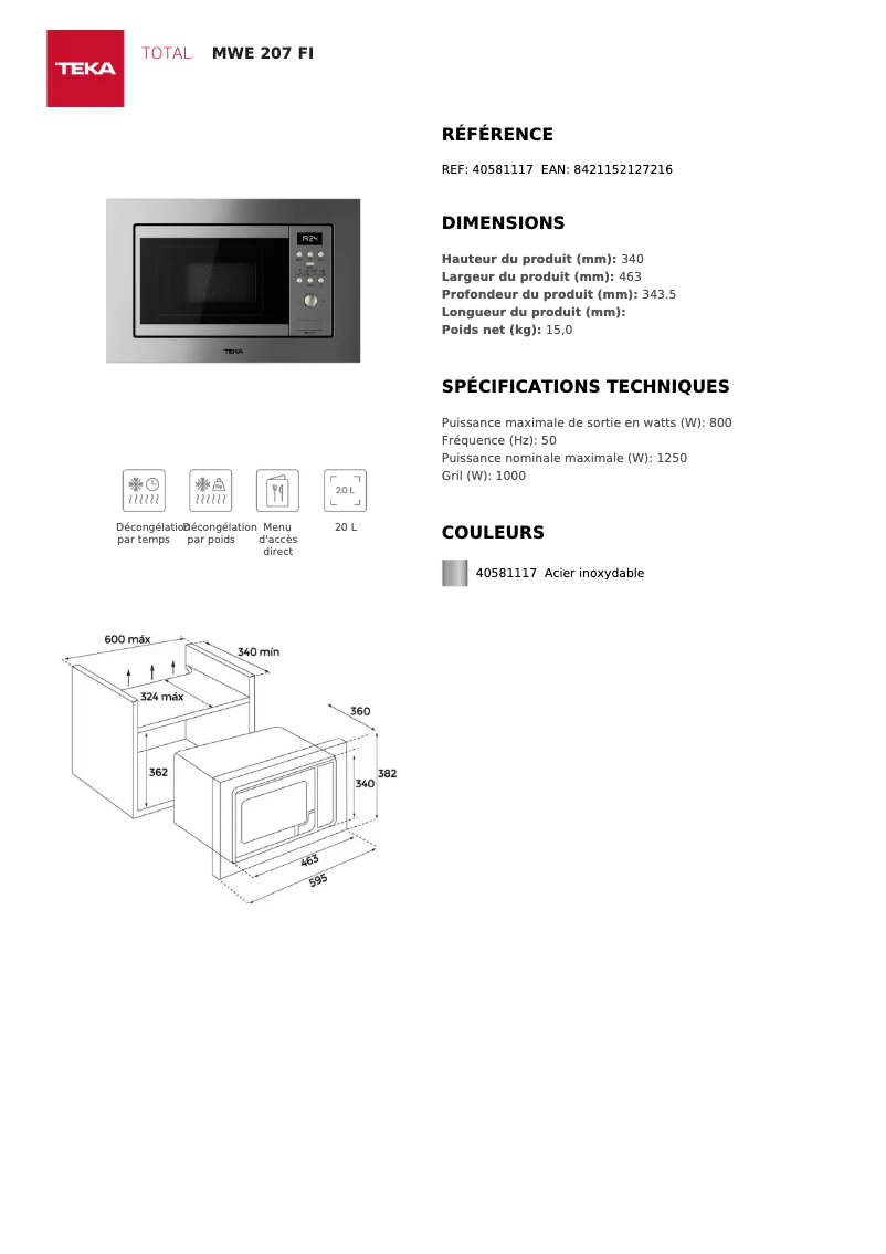 Page 1 of the manual Technical Sheet Teka MWE 207 FI