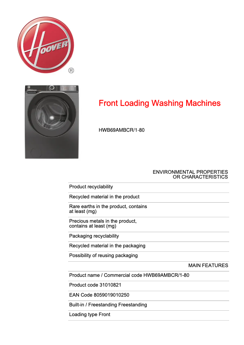 Page 1 of the manual Technical Sheet Hoover H-WASH 500 HWB69AMBCR/1-80