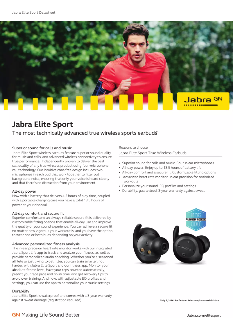 Page 1 of the manual Technical Sheet Jabra Elite Sport