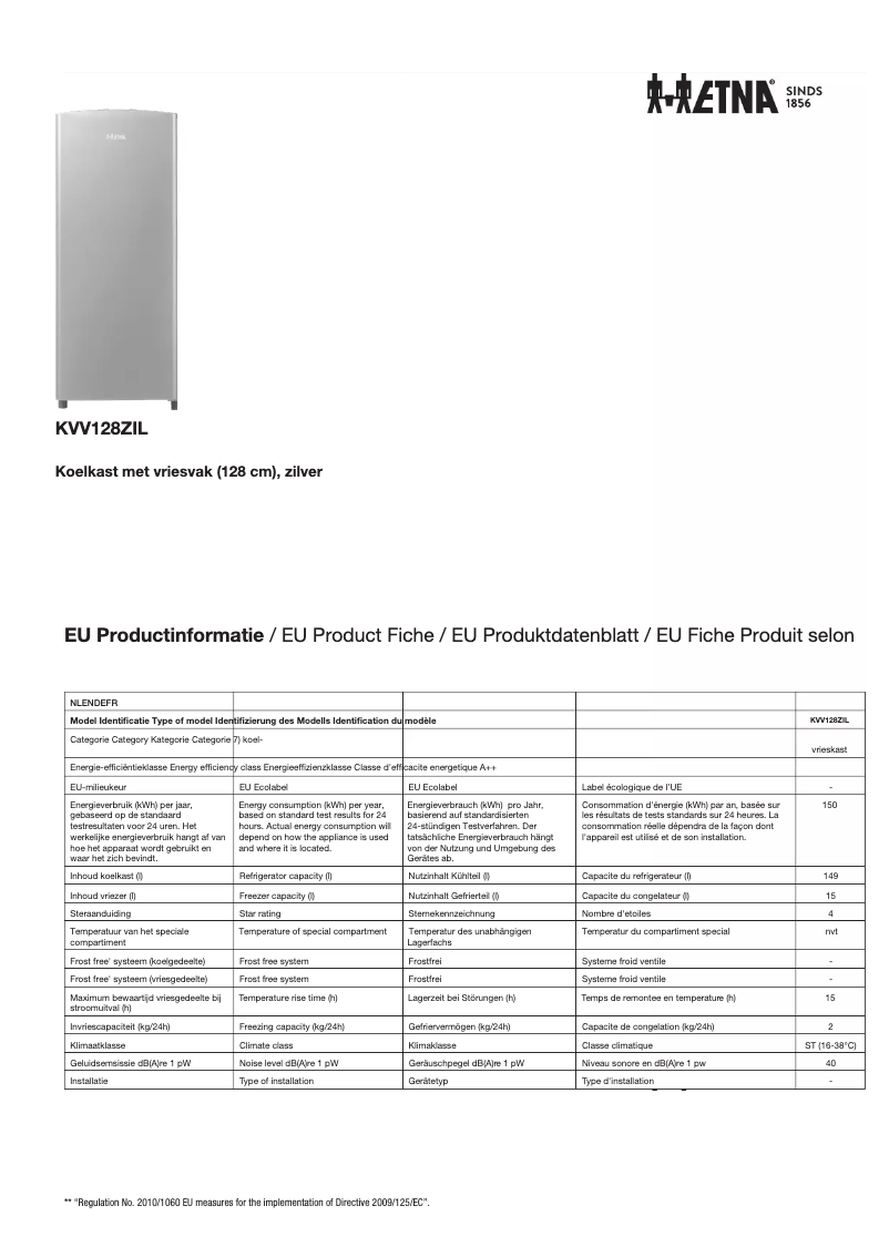 Page 1 of the manual Technical Sheet Etna KVV128ZIL
