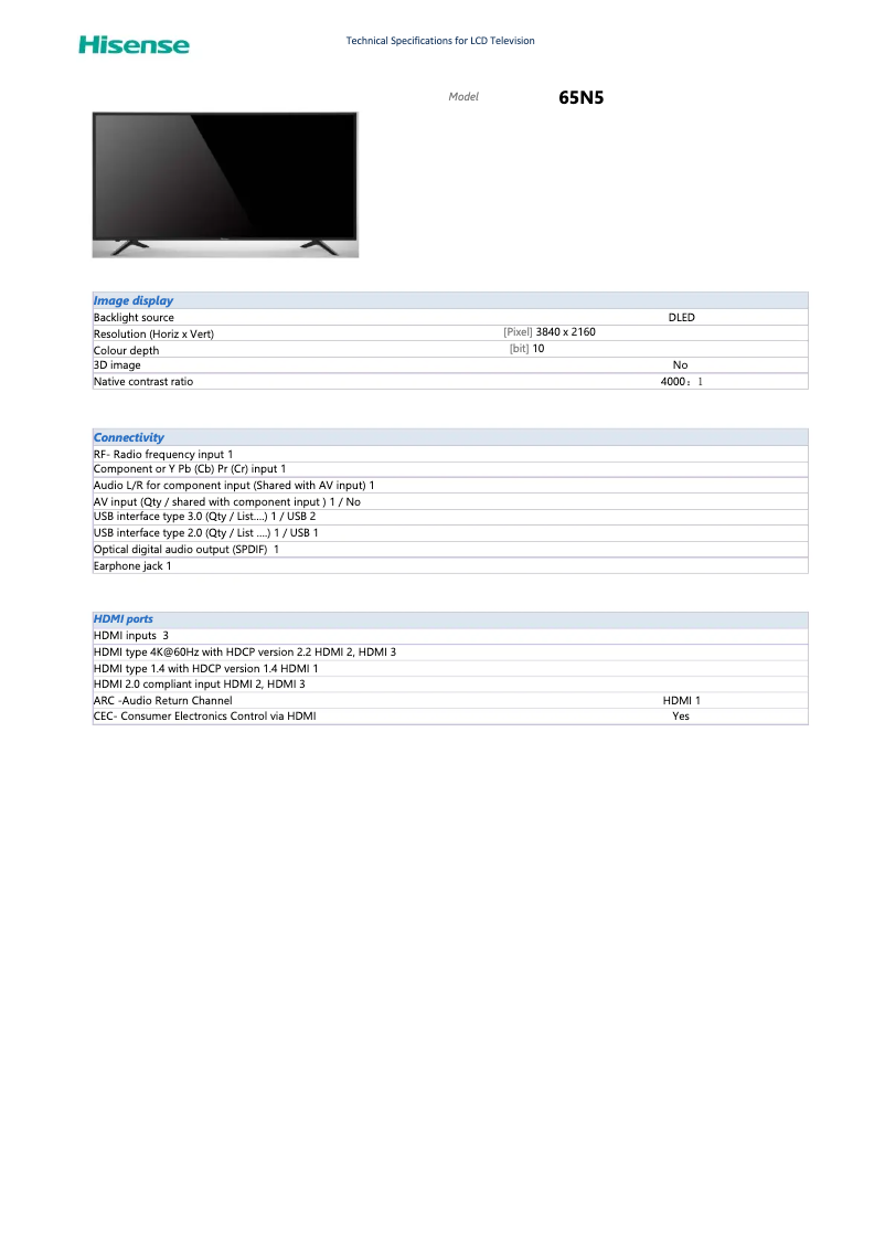 Page 1 of the manual Technical Sheet Hisense 65N5