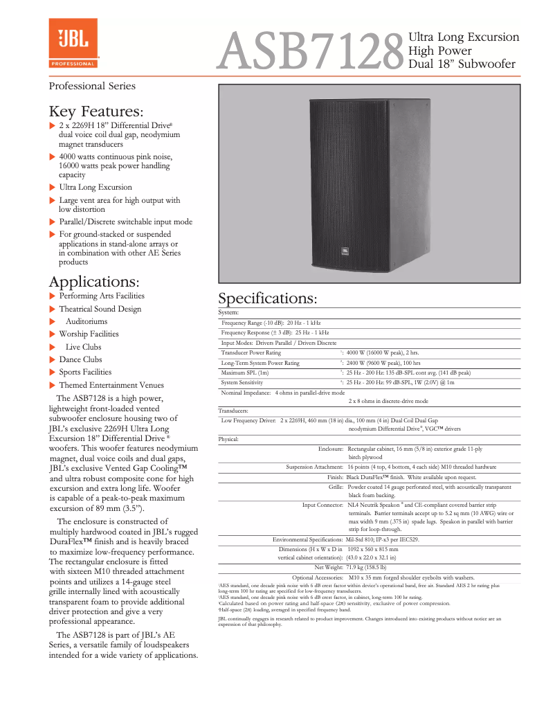 Page 1 of the manual Technical Sheet JBL ASB7128