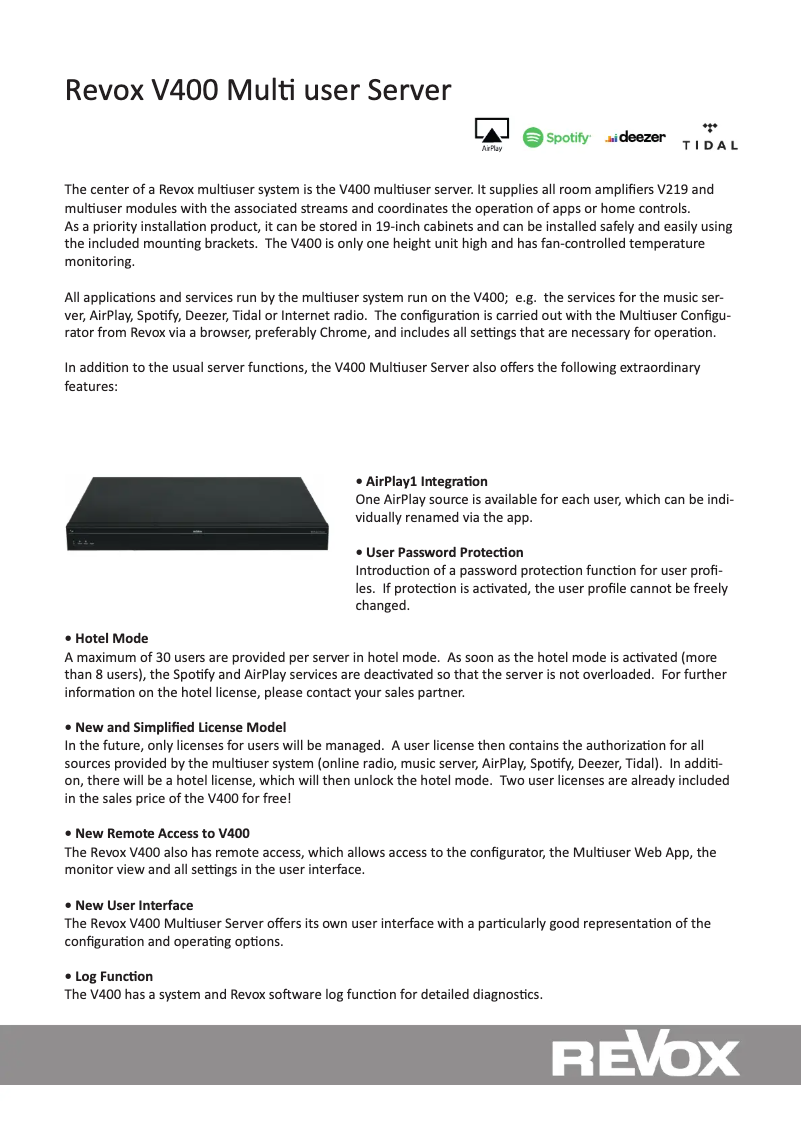 Page 1 of the manual Technical Sheet Revox V400