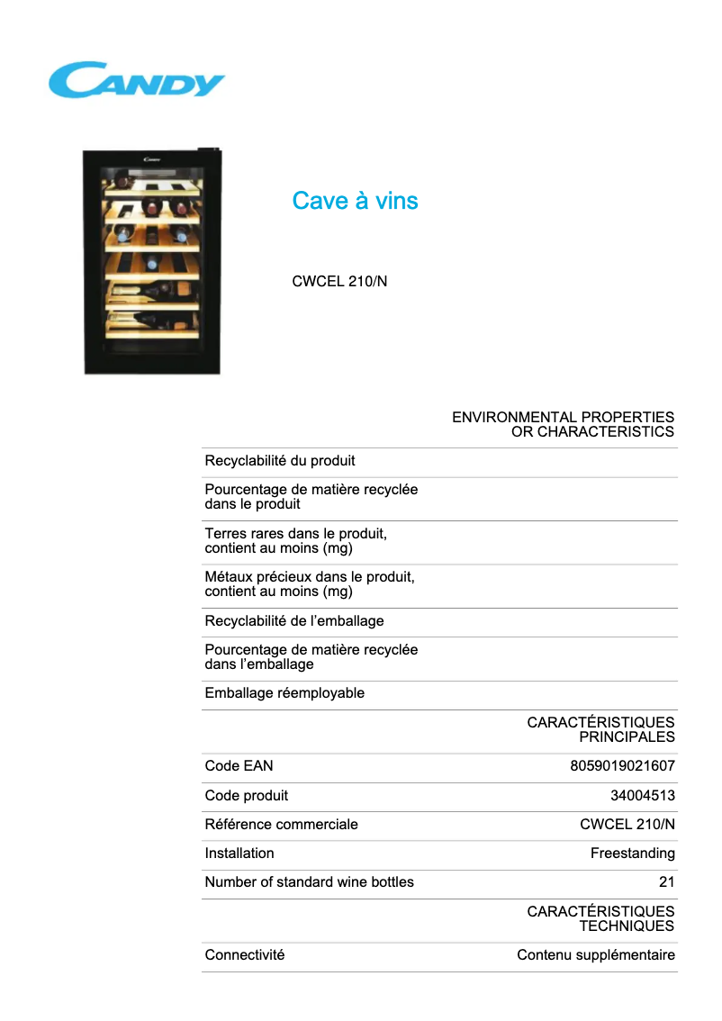 Page 1 of the manual Technical Sheet Candy CWCEL 210