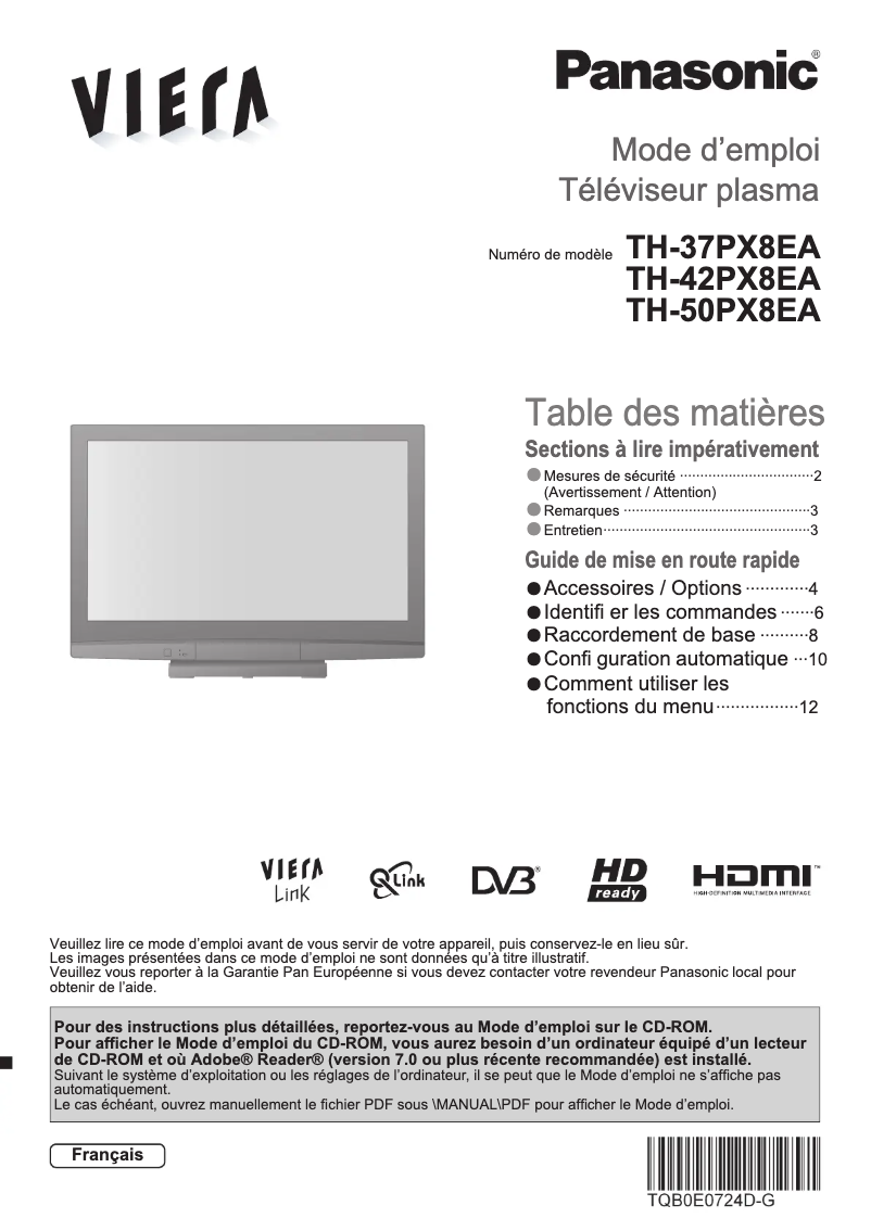 Page 1 of the manual User Manual Panasonic Viera TH-37PX8EA