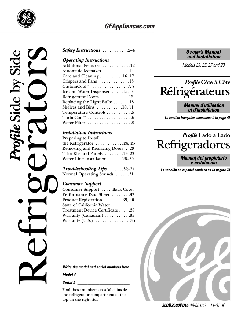Page 1 of the manual Use and Maintenance Manual GE PSS29NHNBB