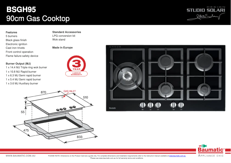 Page 1 of the manual Technical Sheet Baumatic BSGH95-ANZ